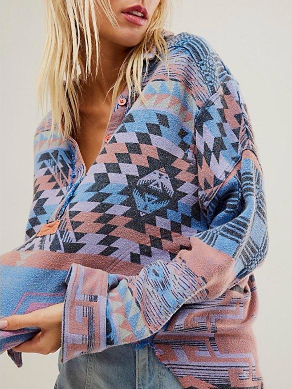 Free People Arizona Sky Knit Button-Up Pullover in Dusty Blue & Mauve